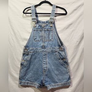 VTG Y2K GAP Womens SM Bib Overall Denim Romper Shorts Front Zipper‎ 2.5" Inseam